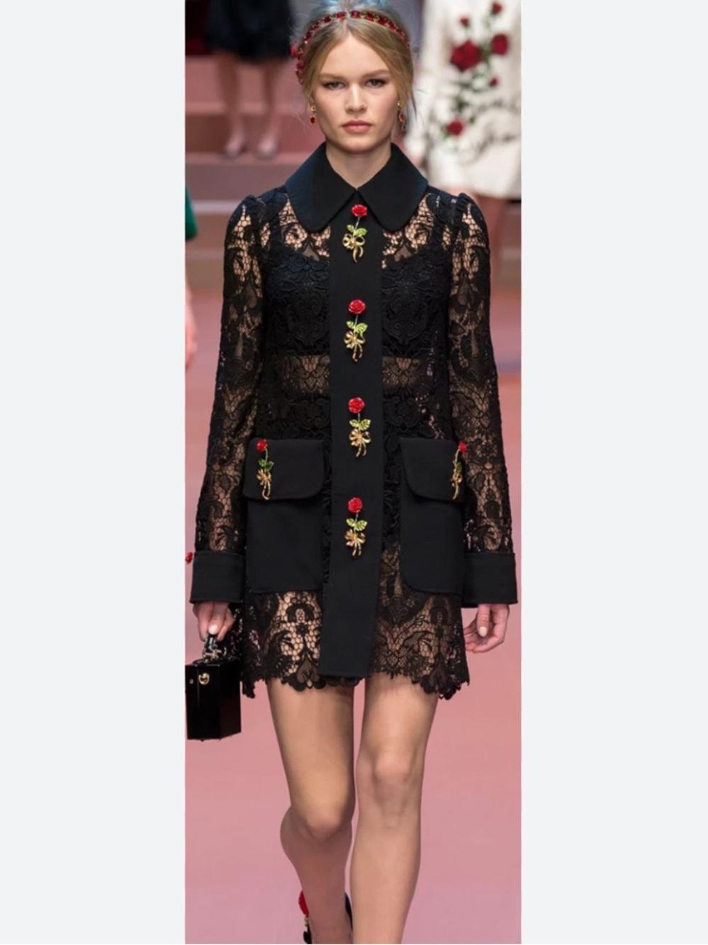 Black Lace Mini Dress with Red Rose Embellishments